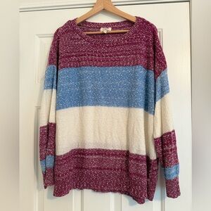 Umgee Burgundy, Blue, and Cream Striped Sweater